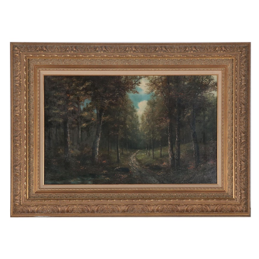 A.L. Zimm Barbizon School Style Oil Painting of Forest Path, Circa 1900