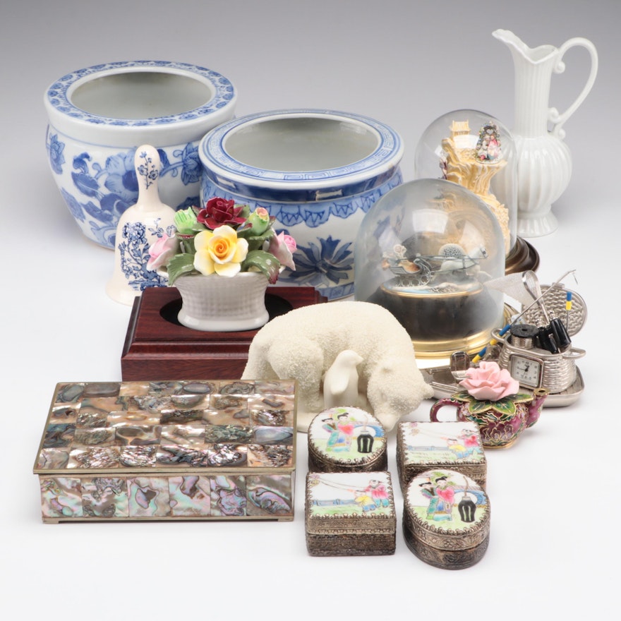 Chinese Famille Rose Porcelain Shard Boxes with Figurines and Other Décor