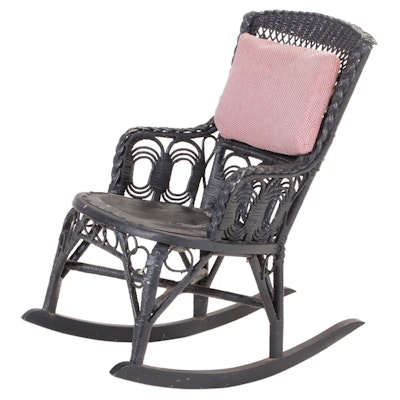 Late Victorian Black-Painted Wicker Rocker, Late 19th/Early 20th Century