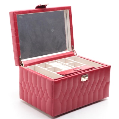 Wolf Caroline Medium Jewelry Case in Red Diamond Quilted Leather
