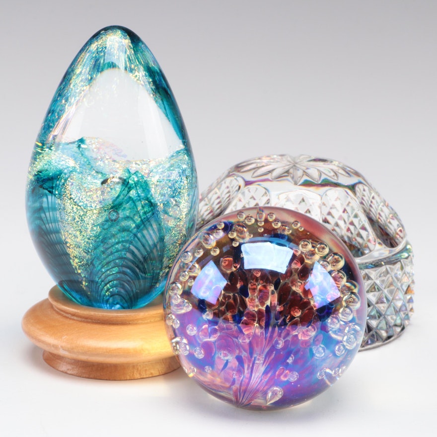 Iridescent Pulled Feather Egg and Other Art Glass Paperweights