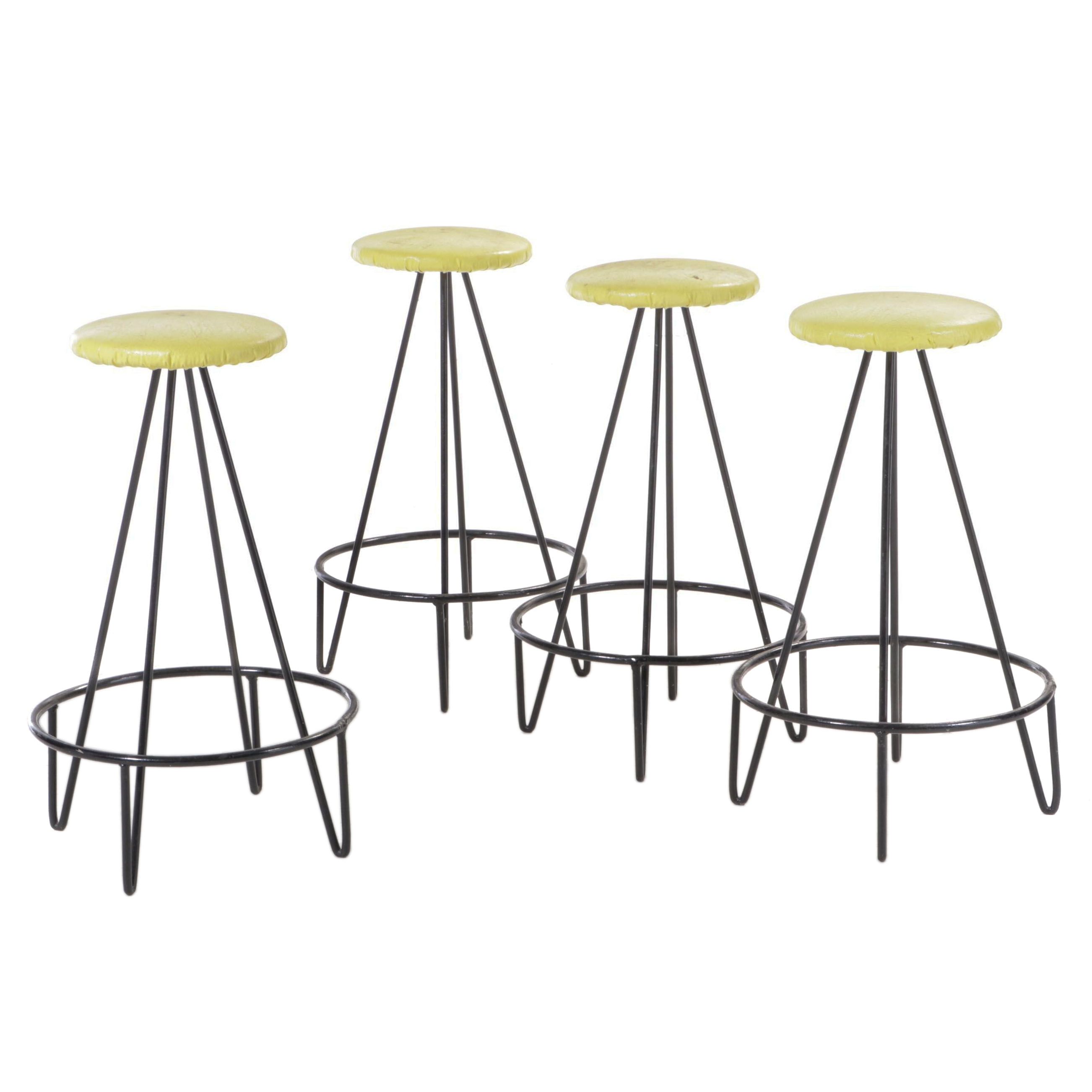 Four Mid Century Modern Iron and Yellow Vinyl Bar Stools EBTH
