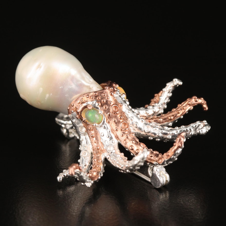 Sterling Pearl and Opal Octopus Brooch