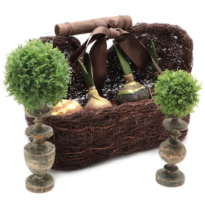 Faux Topiaries and Woven Basket With Faux Turnips