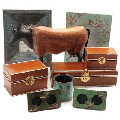 Wood and Metal Cow Figurines with Boxes and Other Décor