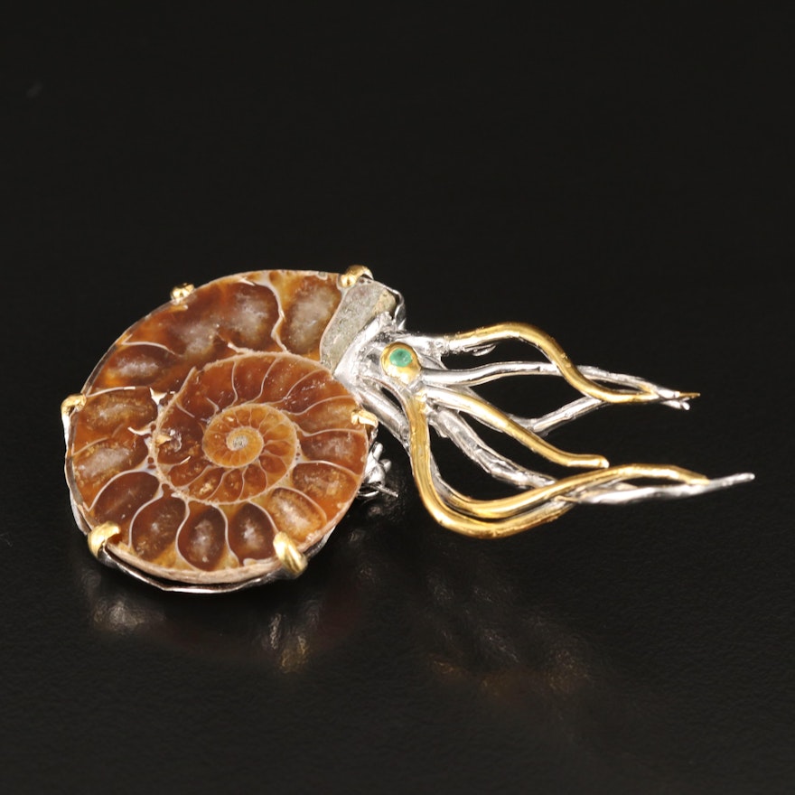 Sterling Ammonite and Emerald Nautilus Brooch