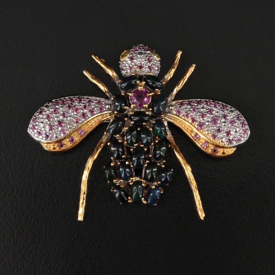 Sterling Garnet, Opal and Diopside Insect Brooch