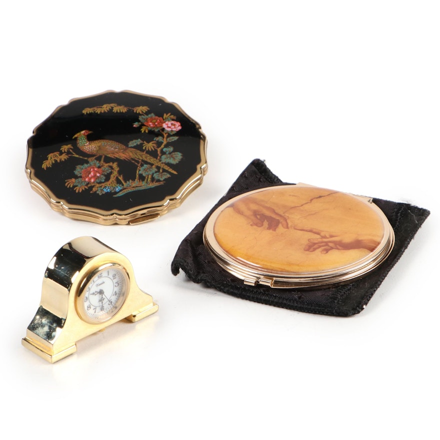 Stratton Metal Compact with Make Up Mirror and Miniature Clock