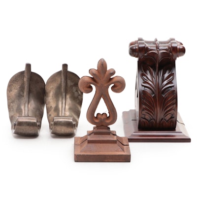 Carved Mahogany Corbels, Cast Iron and Silver Finished Feather Bookends