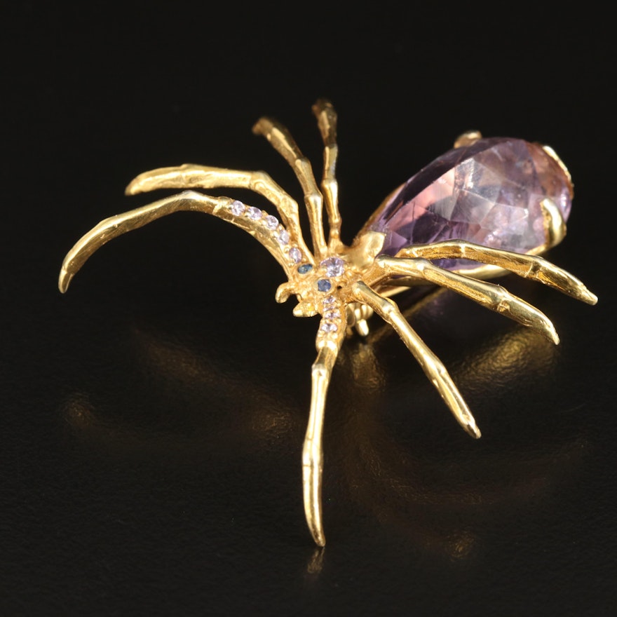 Sterling Fluorite, Sapphire and Cubic Zirconia Spider Brooch
