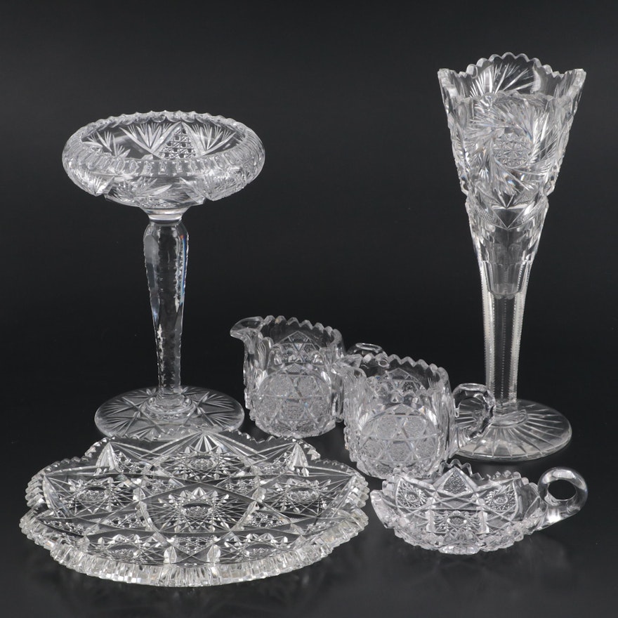 American Brilliant Cut Compote and Vase with Other Tableware and Serving Bowls
