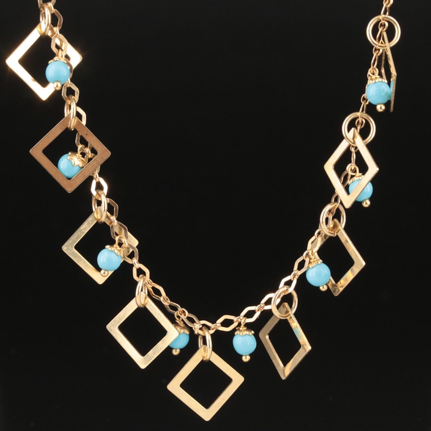 Italian 14K Imitation Turquoise Geometric Fringe Necklace