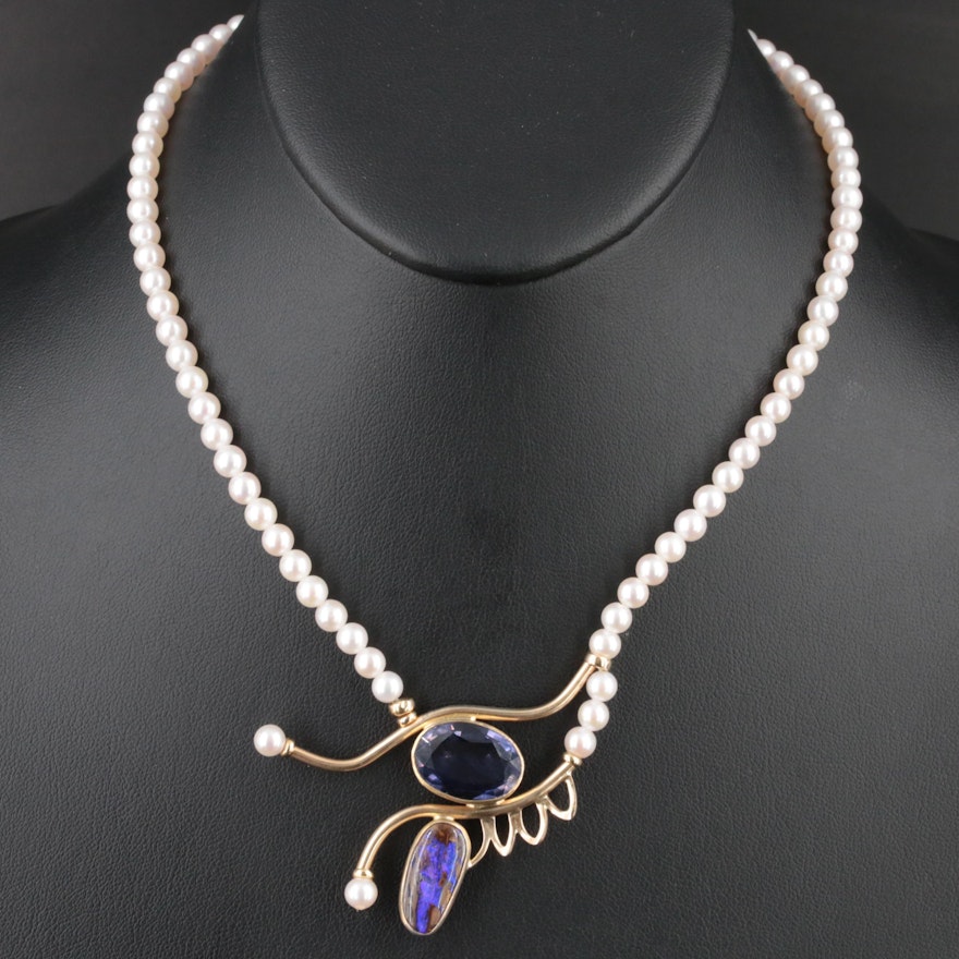 Artist Signed Pearl, Iolite and Boulder Opal Necklace with 22K and 14K Accents