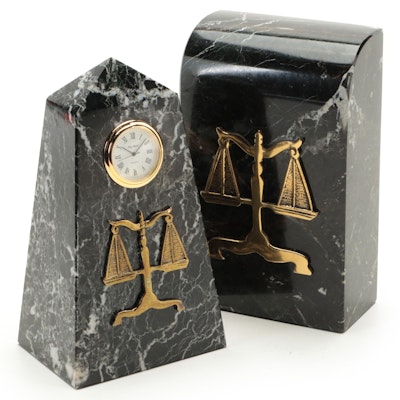 Black Marble Scales of Justice Desk Clock and Bookend