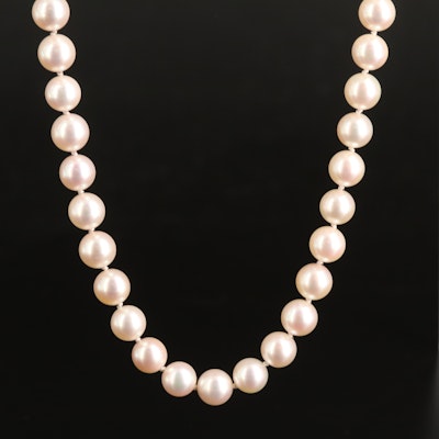 Vintage Pearl Necklace with 14K, Diamond Accented Clasp