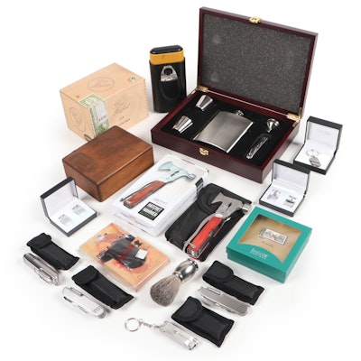 Brushed Stainless Steel Hip Flask Set with Cufflinks, Cigar Boxes, and More