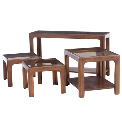Four Modernist Ash, Walnut, and Smoked Glass Occasional Tables, circa 1970