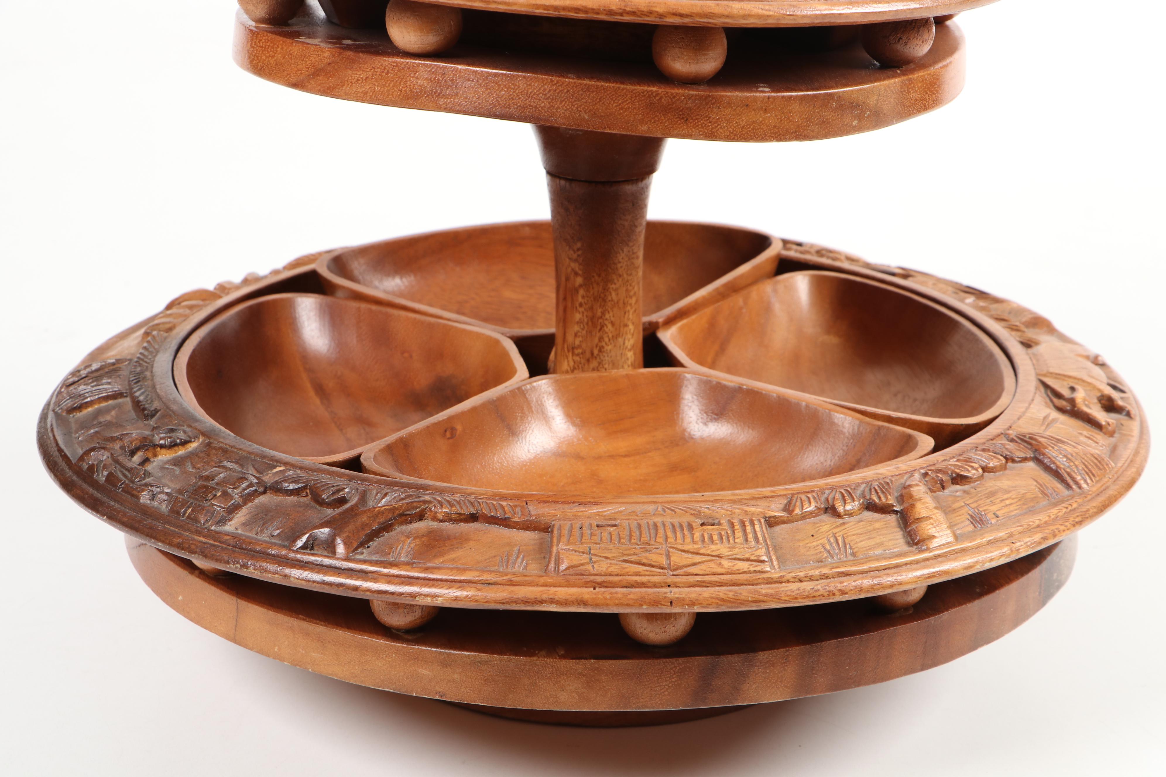 Philippines HandCarved Teak Wood Tiered Lazy Susan with Pineapple