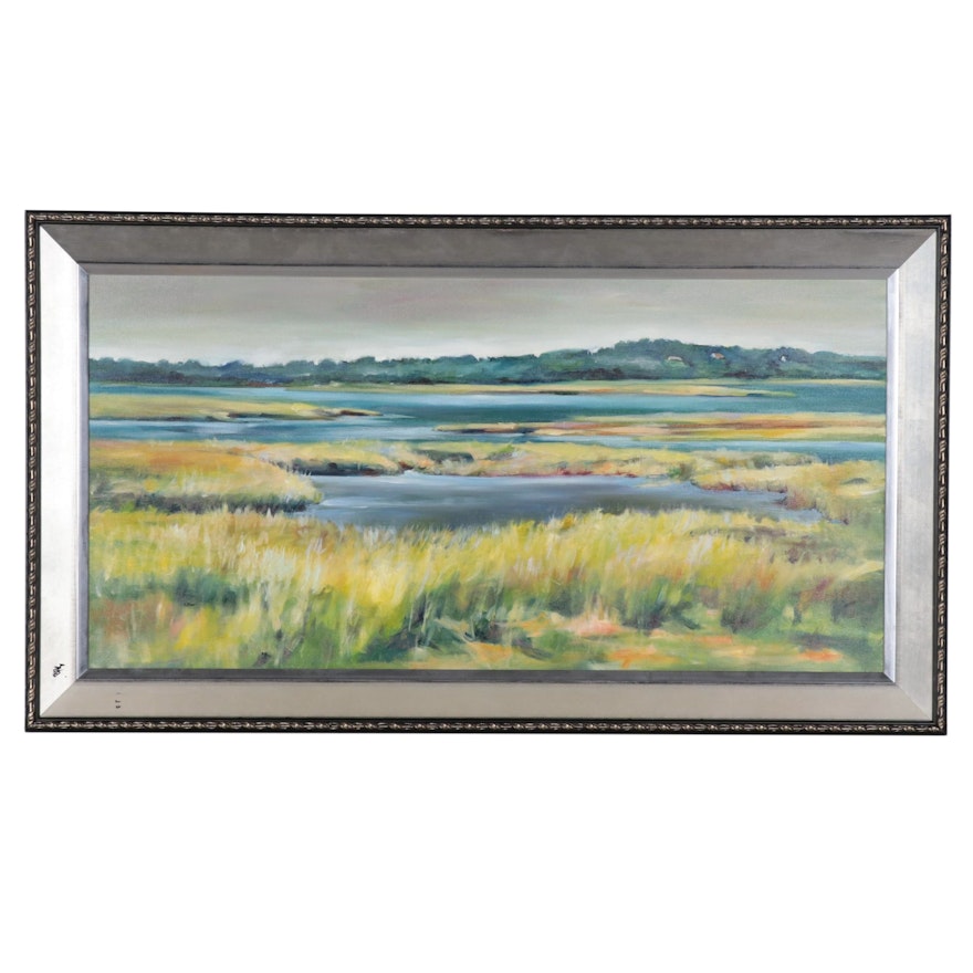 Large-Scale Oil Painting of Marsh Landscape, 21st Century