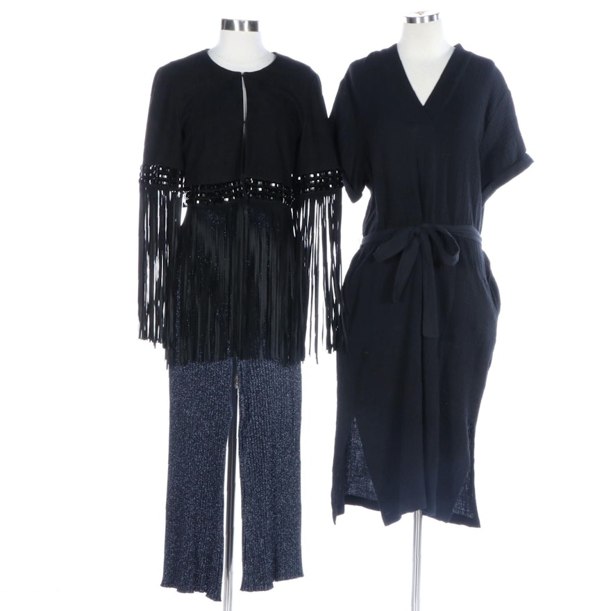Magaschoni Organic Cotton Dress, Haute Hippie Fringe Vest, Zara Knit Flare Pants