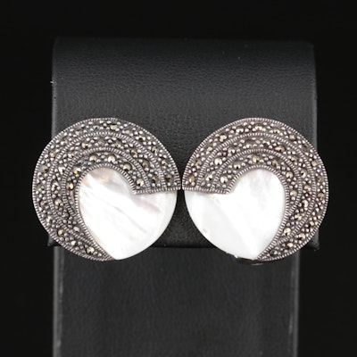 Sterling Mother-of-Pearl and Marcasite Button Earrings