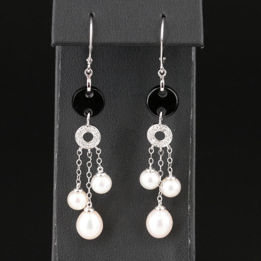 14K Pearl, Black Onyx and Diamond Earrings