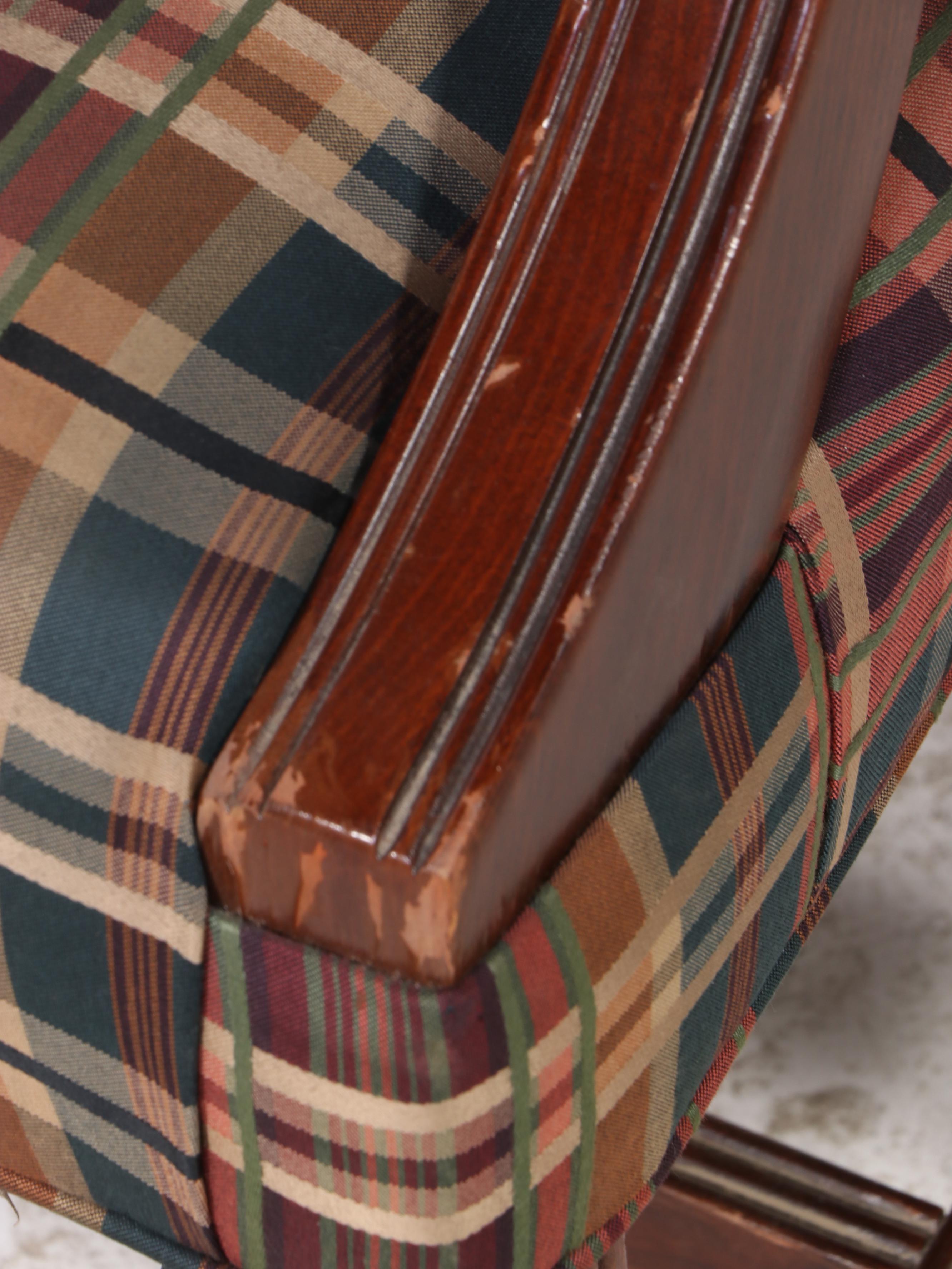 Fairfield Chair Co. Chippendale Style Cherrywood and PlaidUpholstered