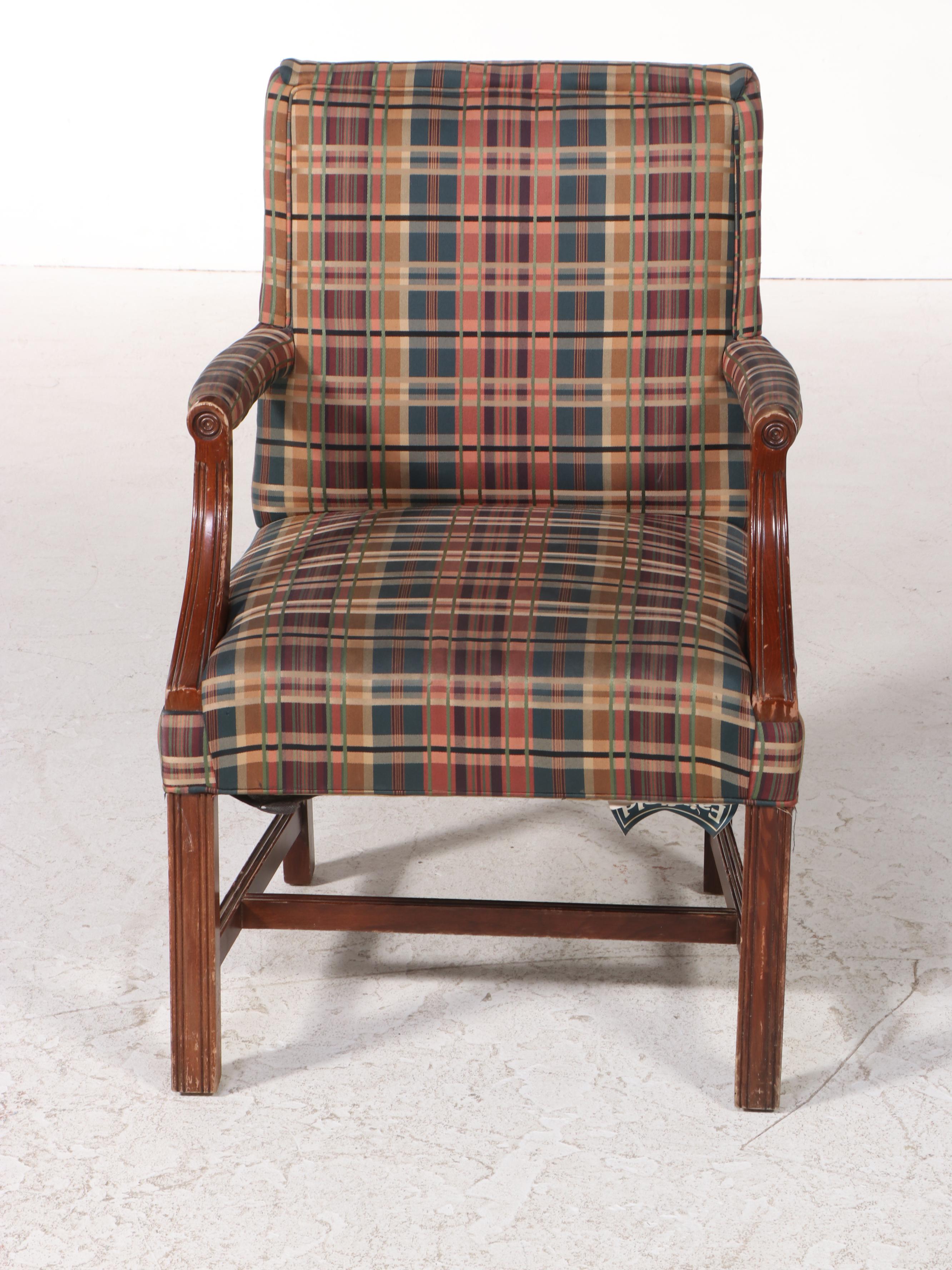 Fairfield Chair Co. Chippendale Style Cherrywood and PlaidUpholstered