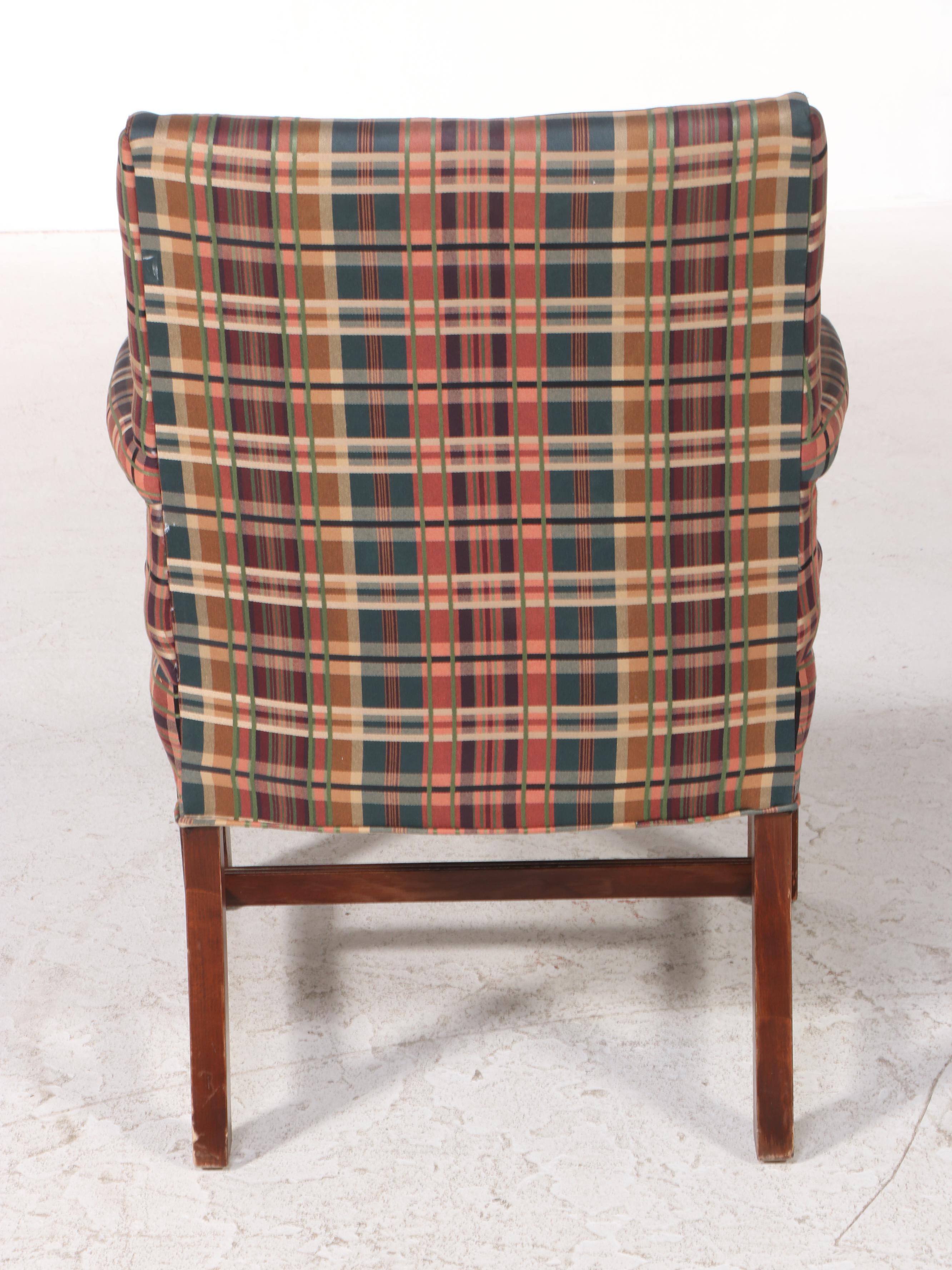 Fairfield Chair Co. Chippendale Style Cherrywood and PlaidUpholstered