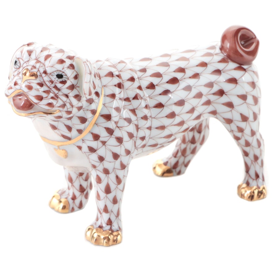 Herend "Pug Lola" Chocolate Fishnet with Gold Porcelain  Figurine