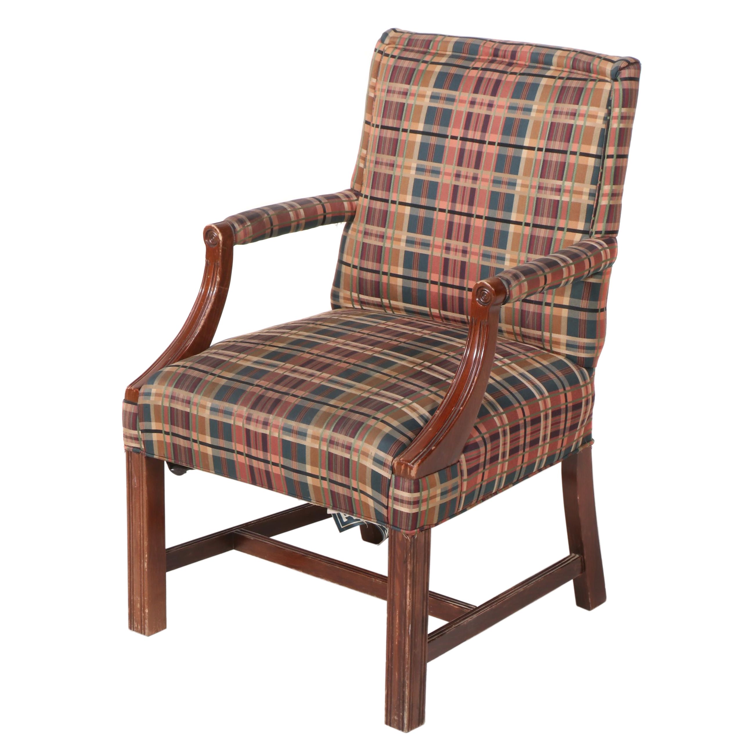 Fairfield Chair Co. Chippendale Style Cherrywood and PlaidUpholstered