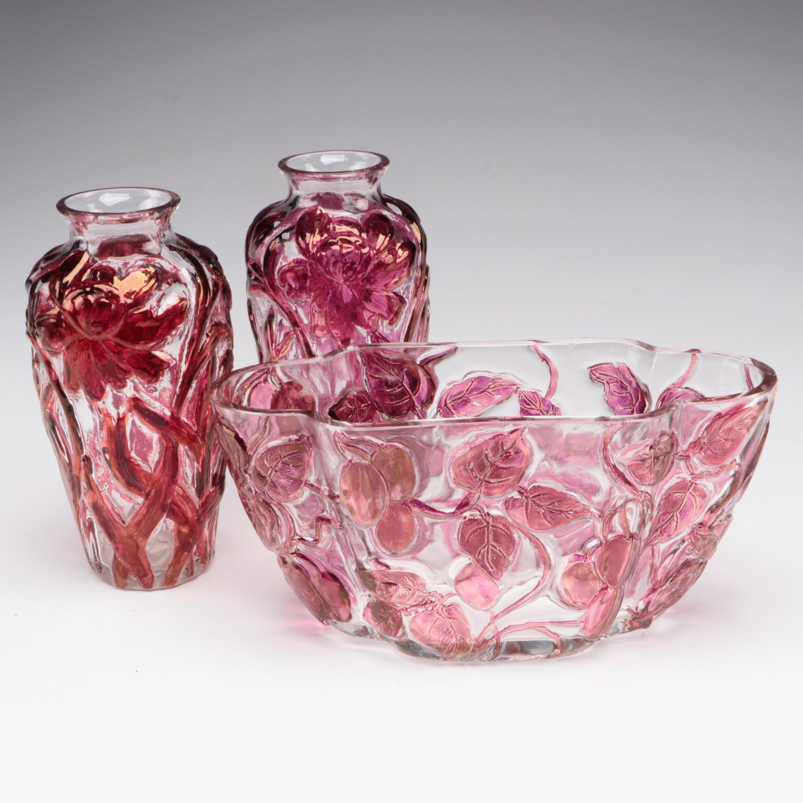 Phoenix Glass Co. Sculptured Art Glass Vine Motif Vase and More Vases