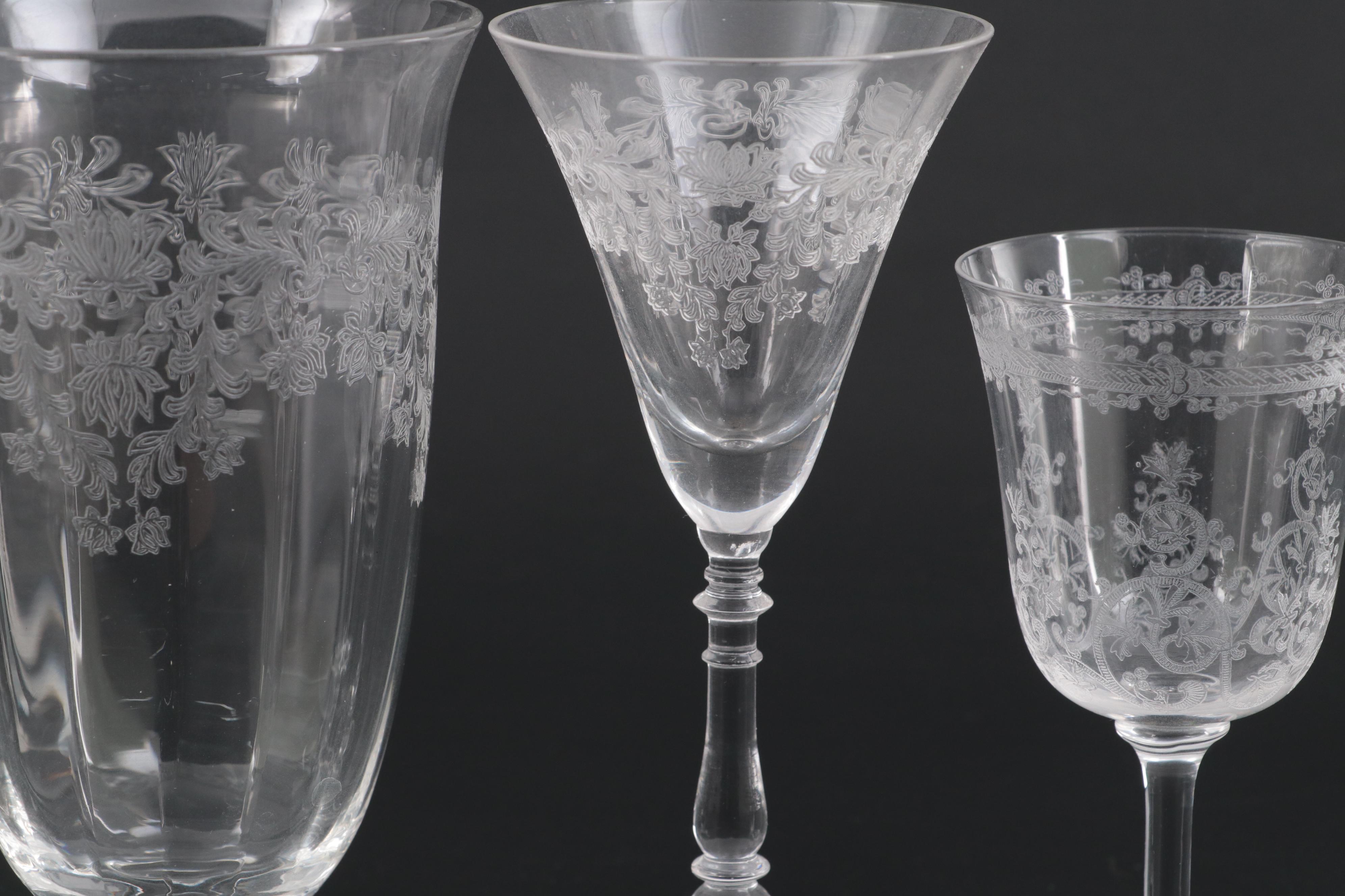 Bryce Glass "Fern Leaf" Needle Etched Stemware and Tray EBTH