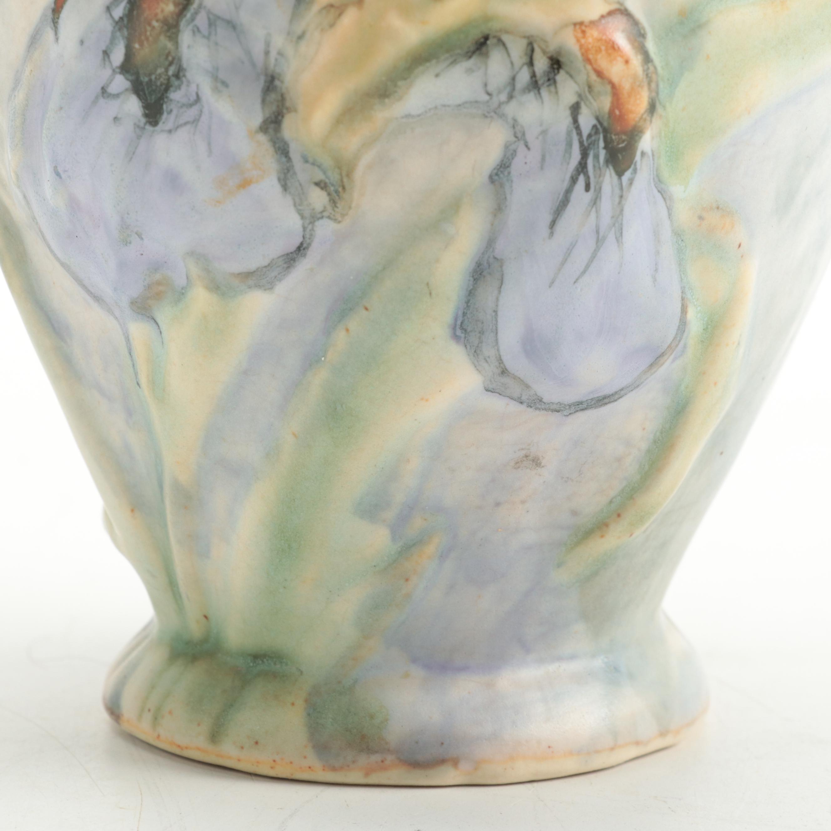 Weller Pottery "Silvertone" Vase with Yellow Irises, Early to Mid20th