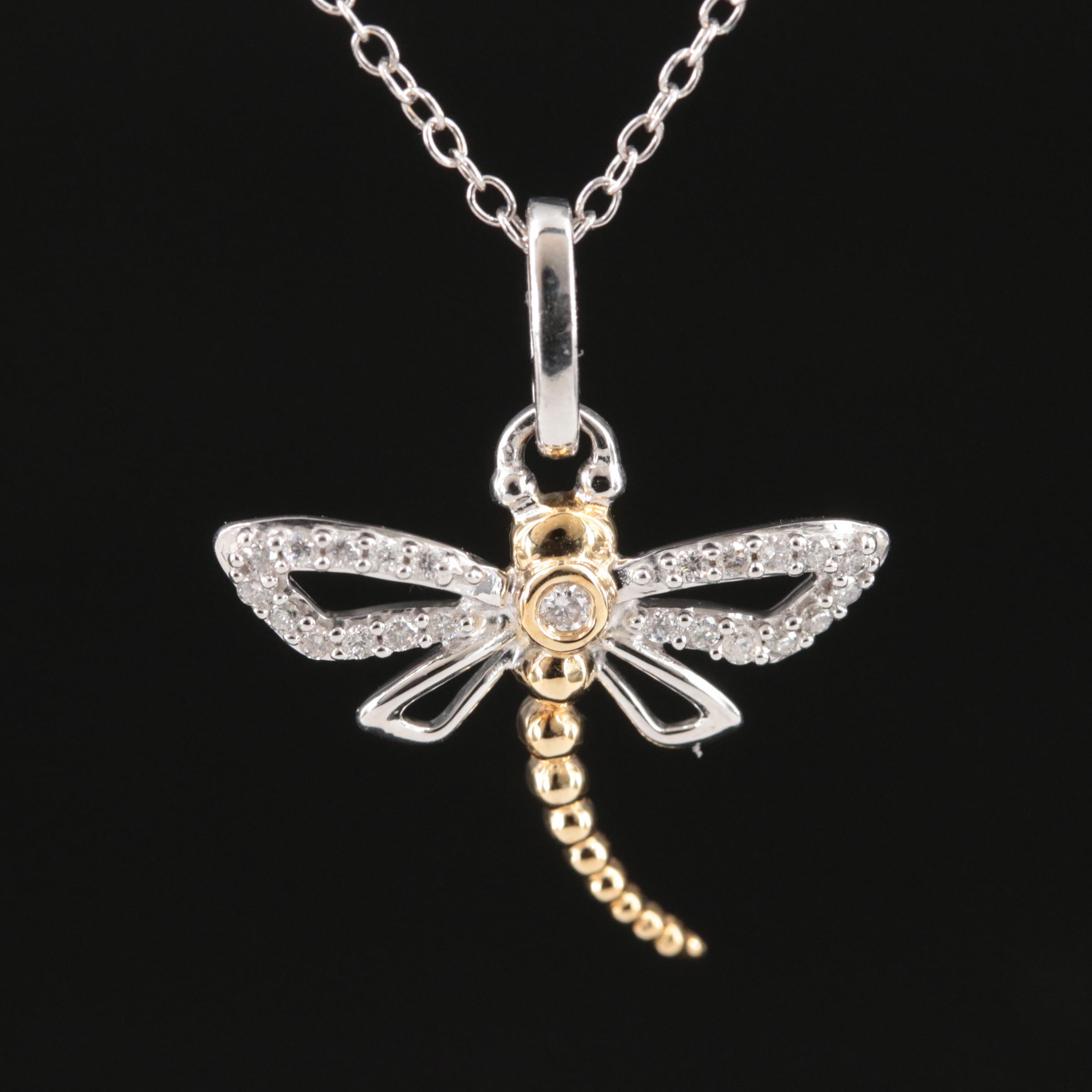 Sterling Diamond Dragonfly Pendant Necklace with 14K Accent EBTH