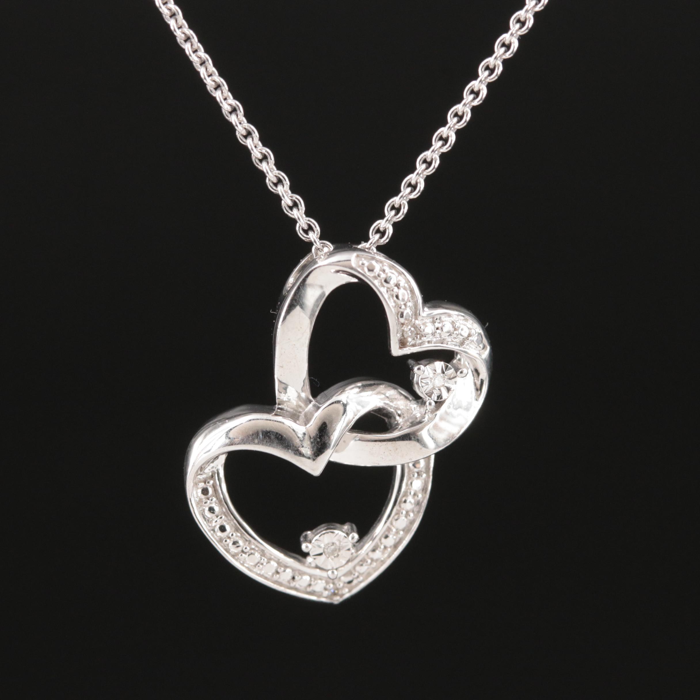 Sterling Diamond Double Heart Pendant Necklace EBTH