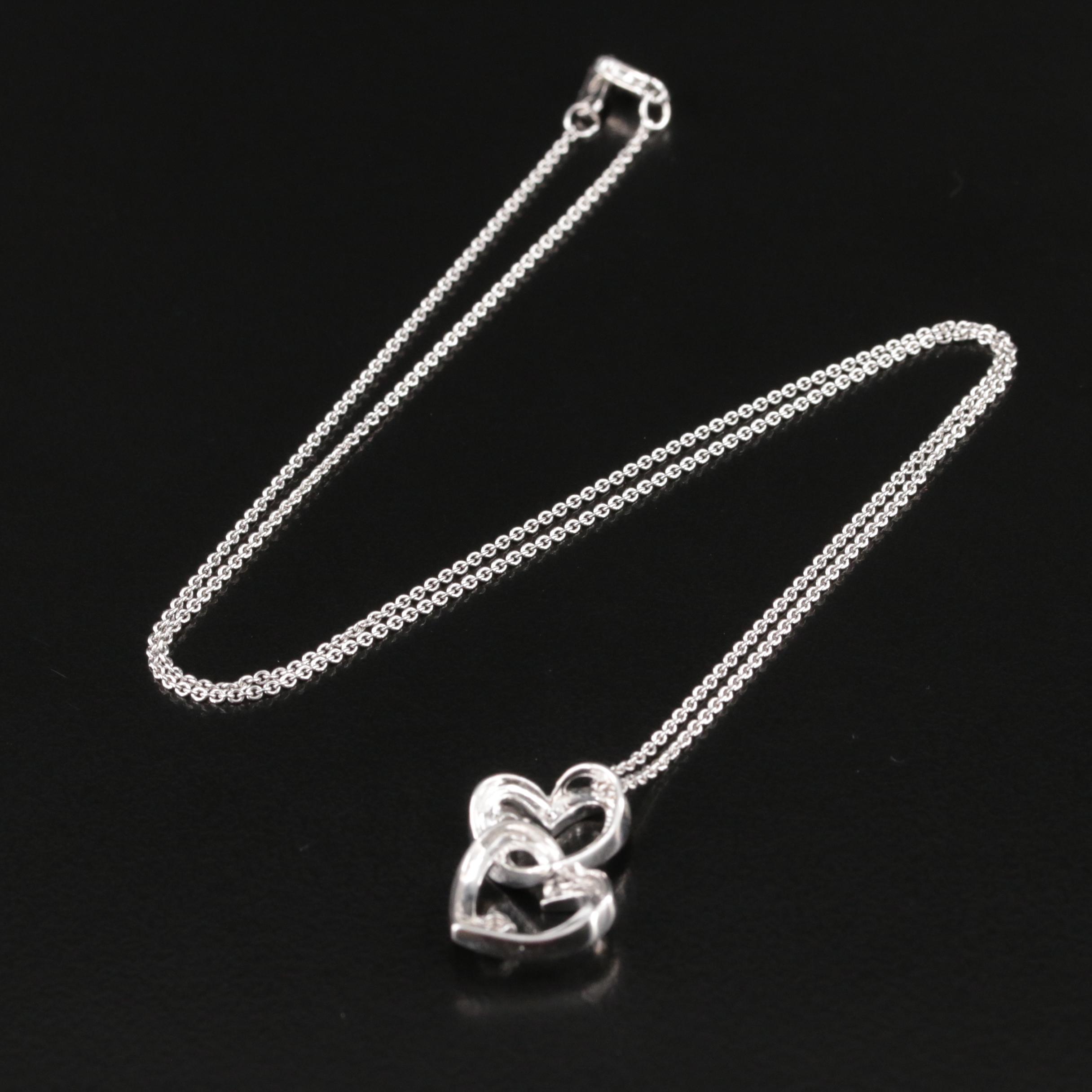 Sterling Diamond Double Heart Pendant Necklace EBTH