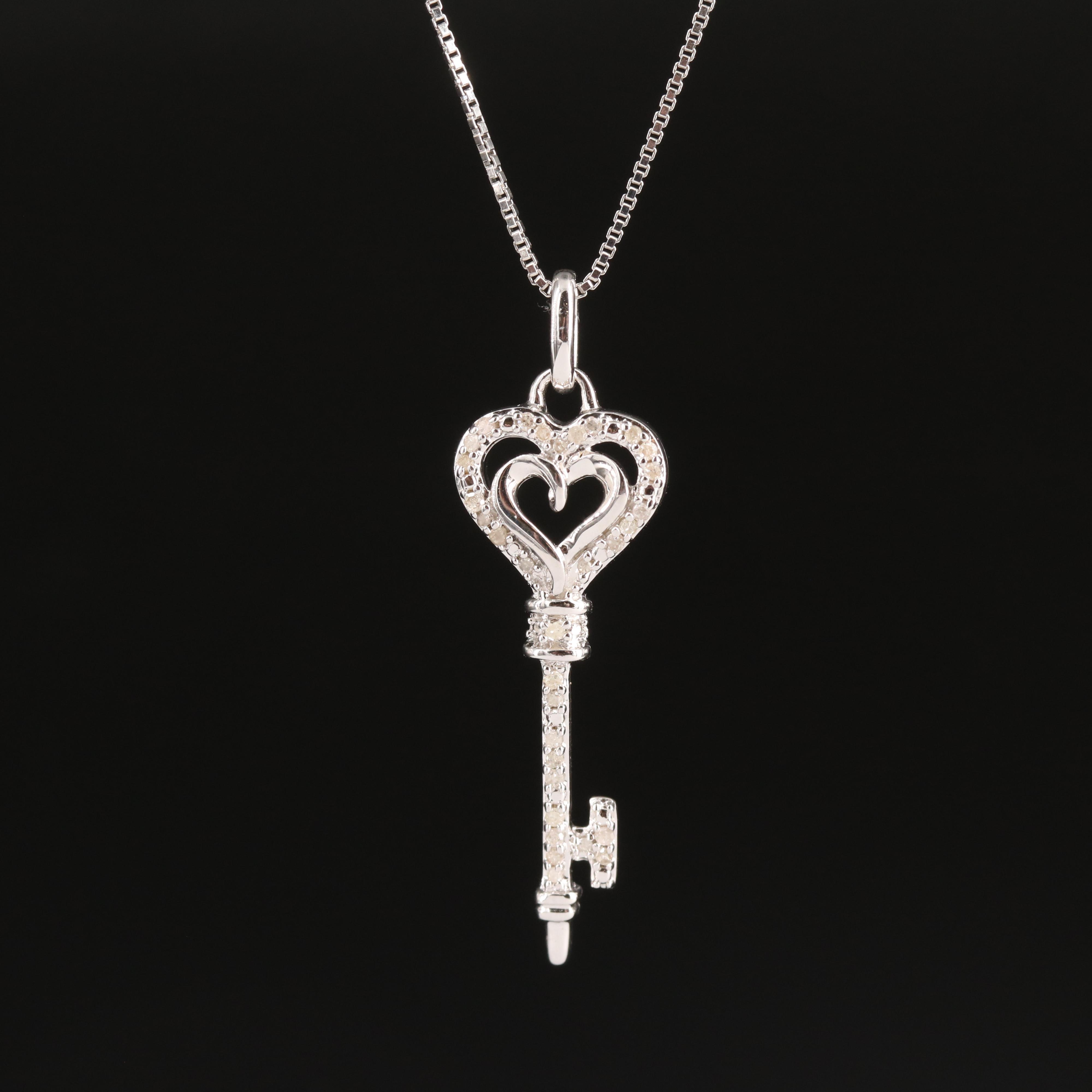 Sterling Diamond Heart Key Pendant Necklace EBTH