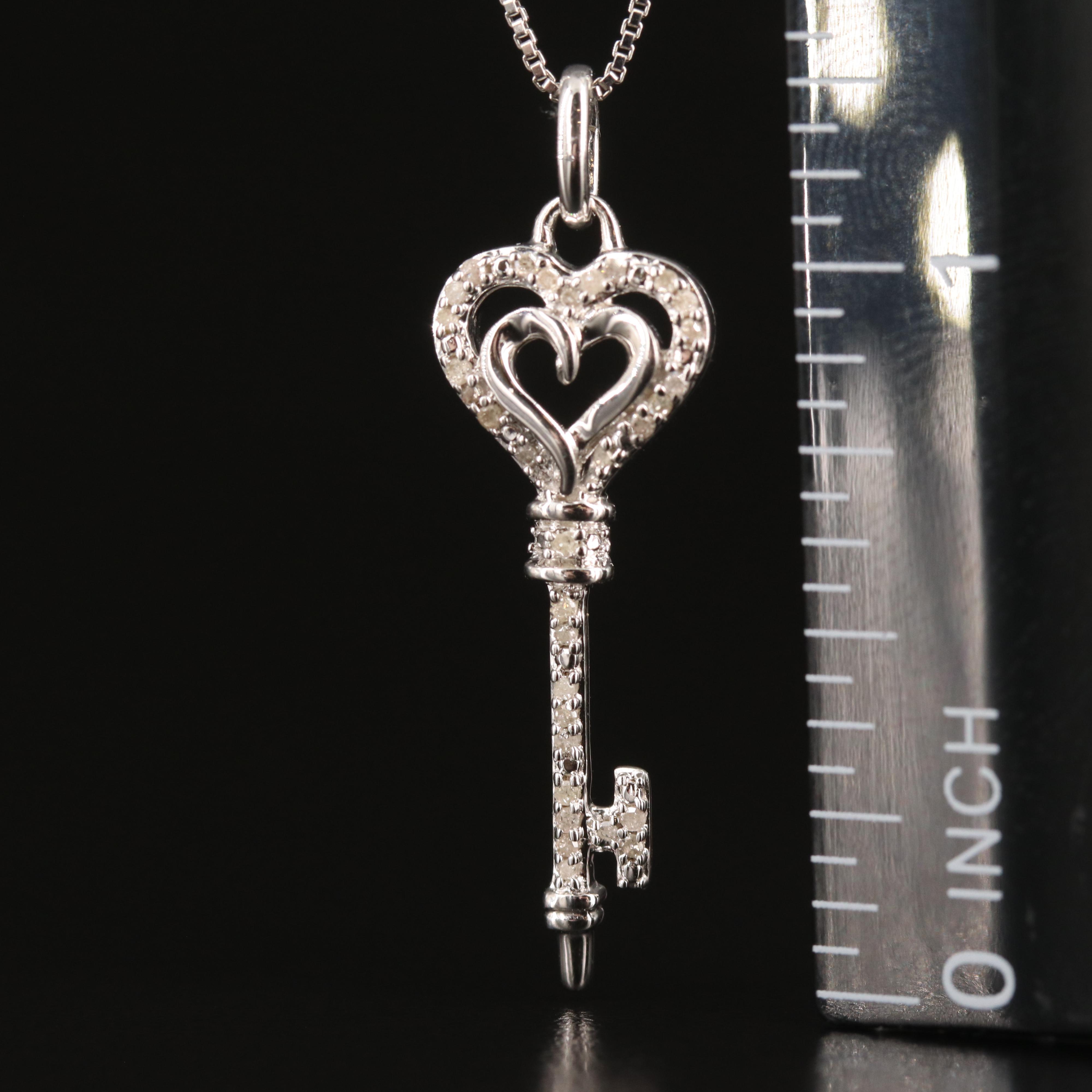 Sterling Diamond Heart Key Pendant Necklace EBTH