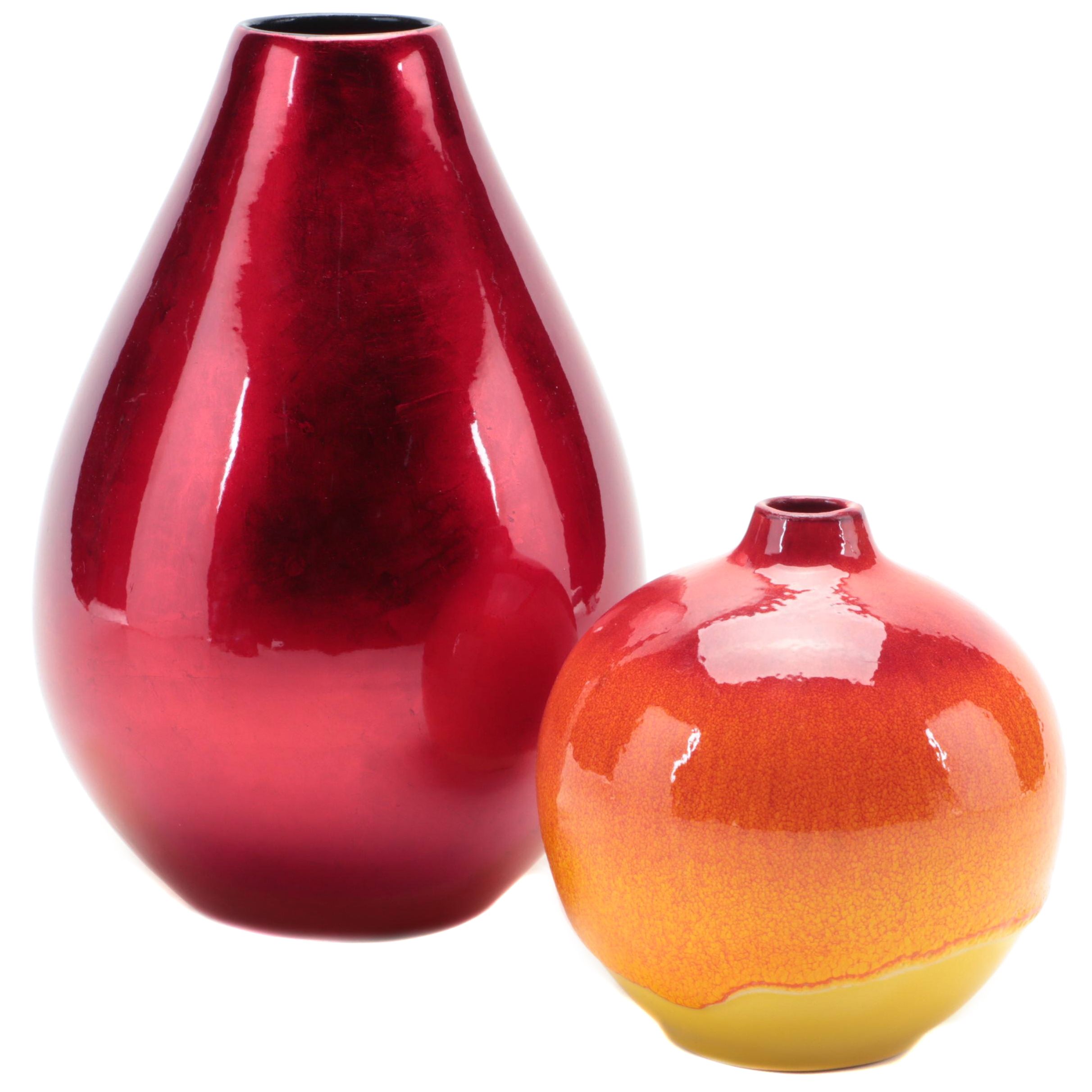 Crate & Barrel "Roy" Drip Glaze Ceramic Vase with Crimson Vase EBTH