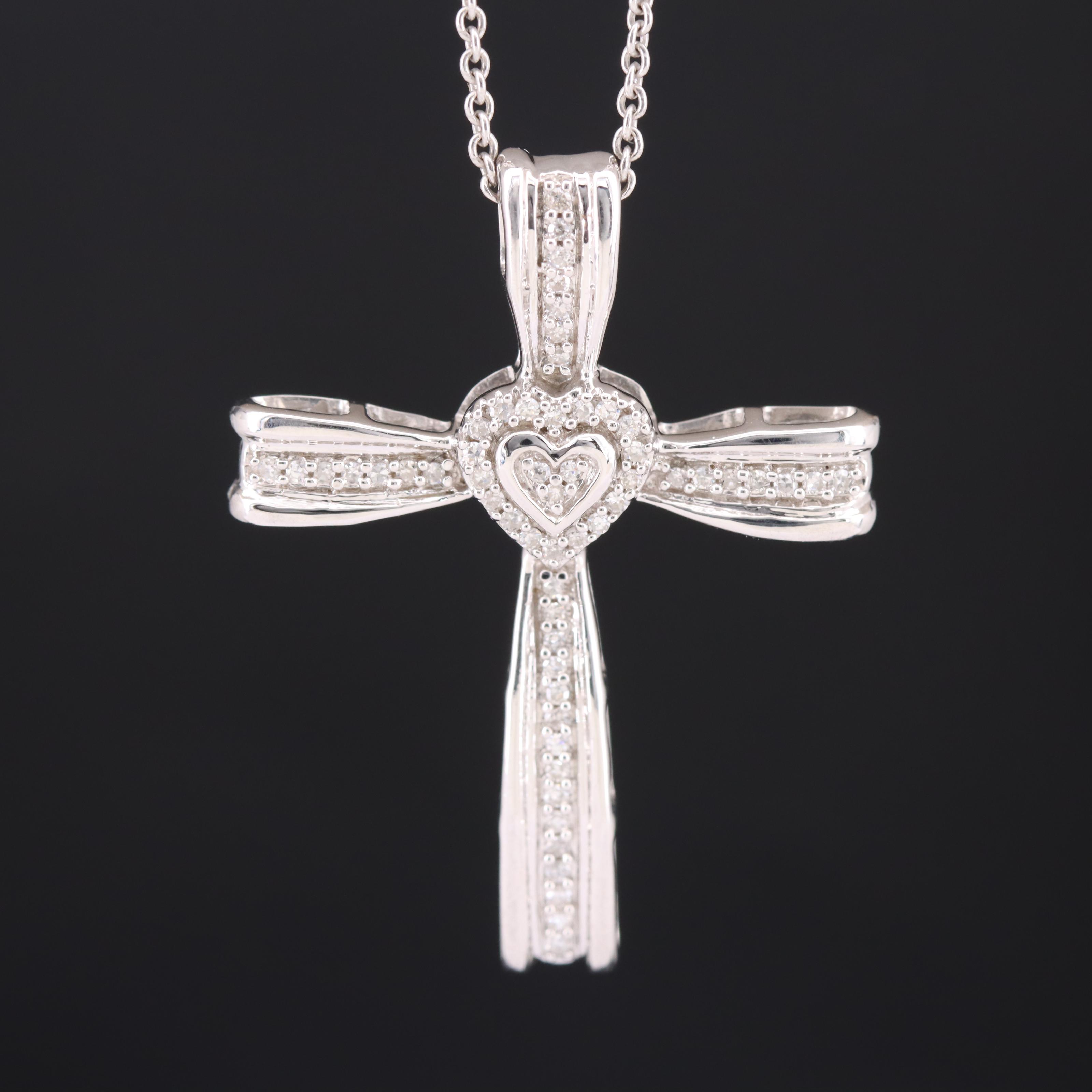 Sterling Diamond Cross and Heart Pendant Necklace EBTH