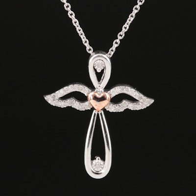 Sterling Diamond Angel Cross Pendant Necklace