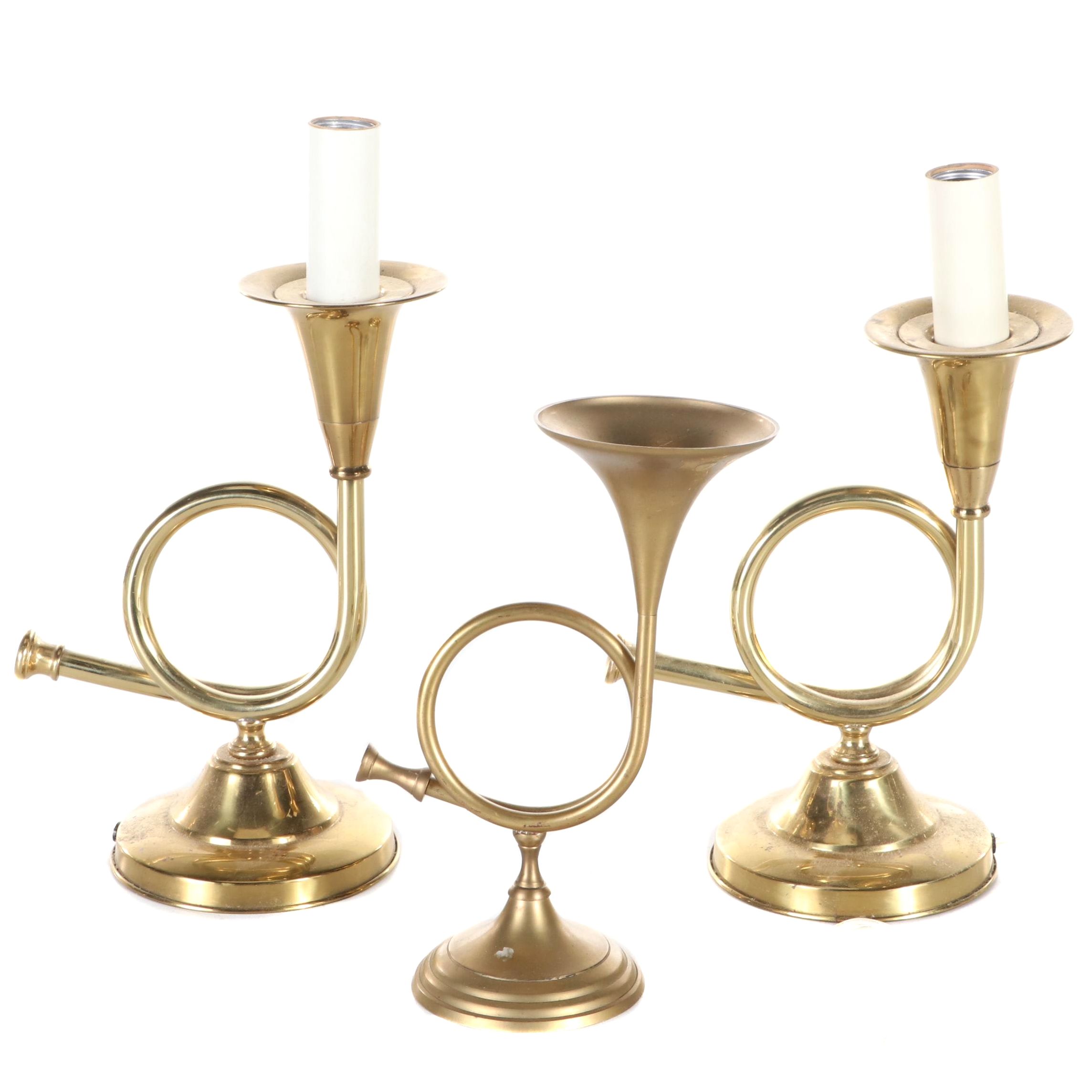 Pair of French Wired Brass Bugle Lamps With Brass Bugle Candlestick EBTH