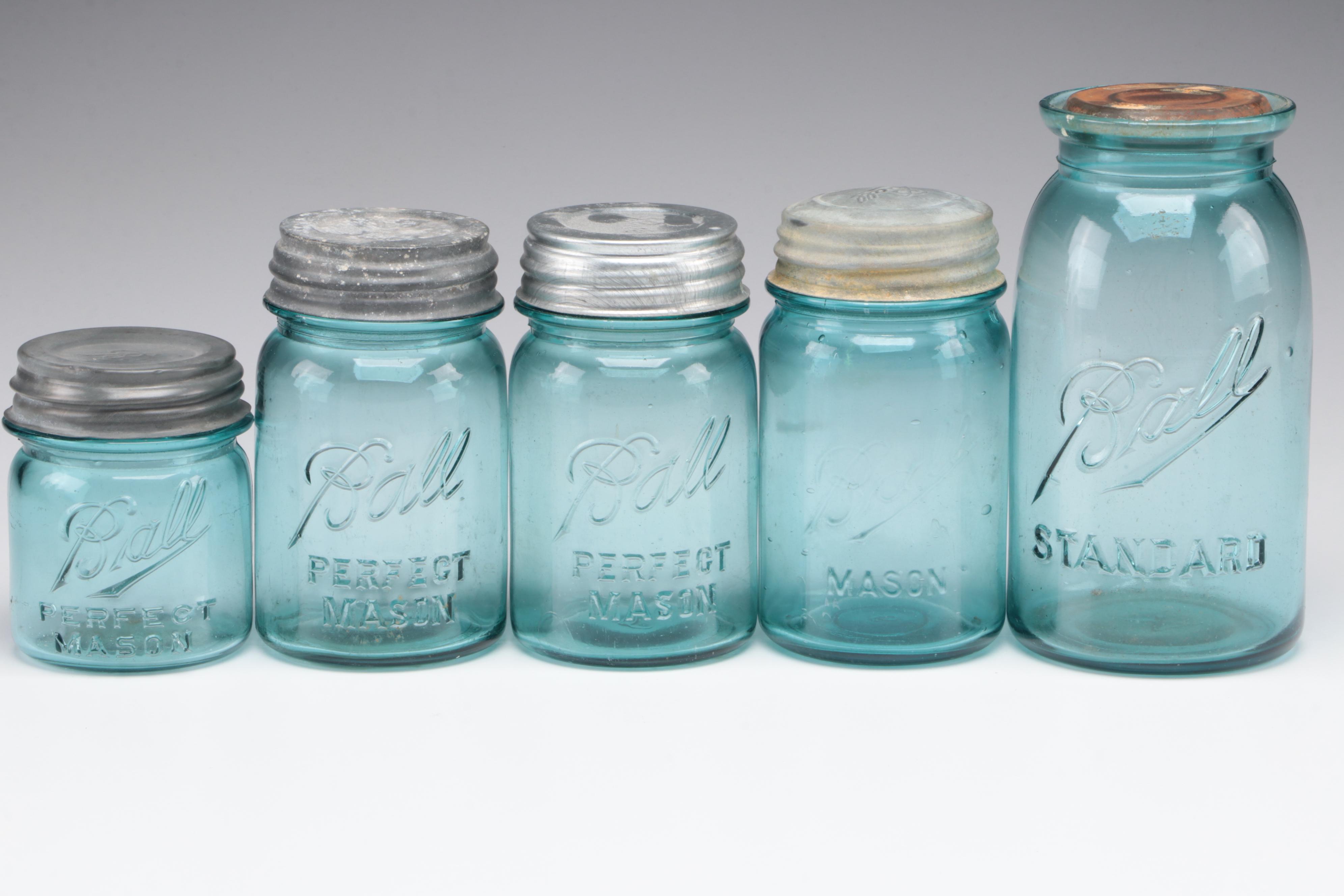 Ball Perfect Mason Blue Glass Canning Jars, 20th Century EBTH