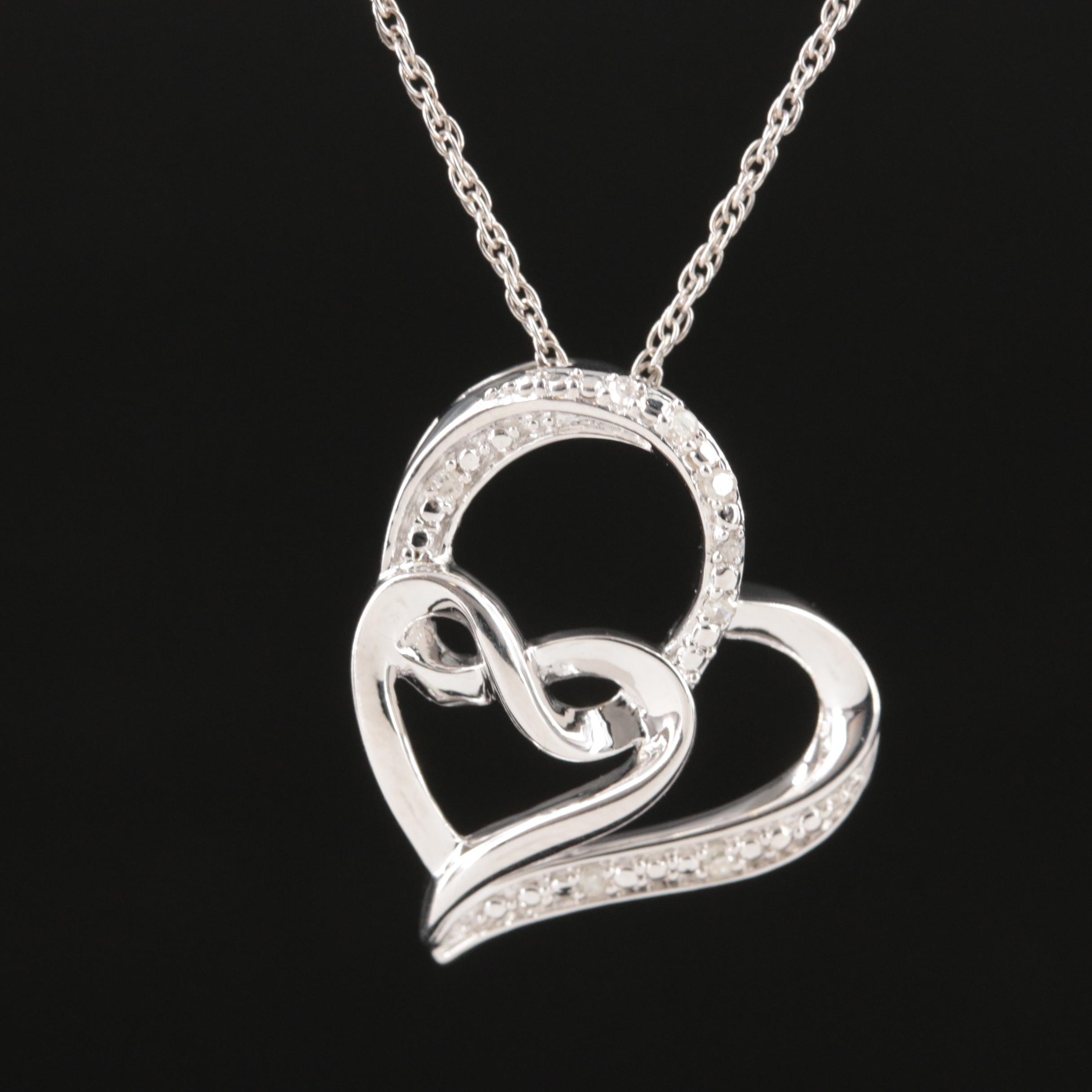 Sterling Diamond Double Heart Pendant Necklace EBTH