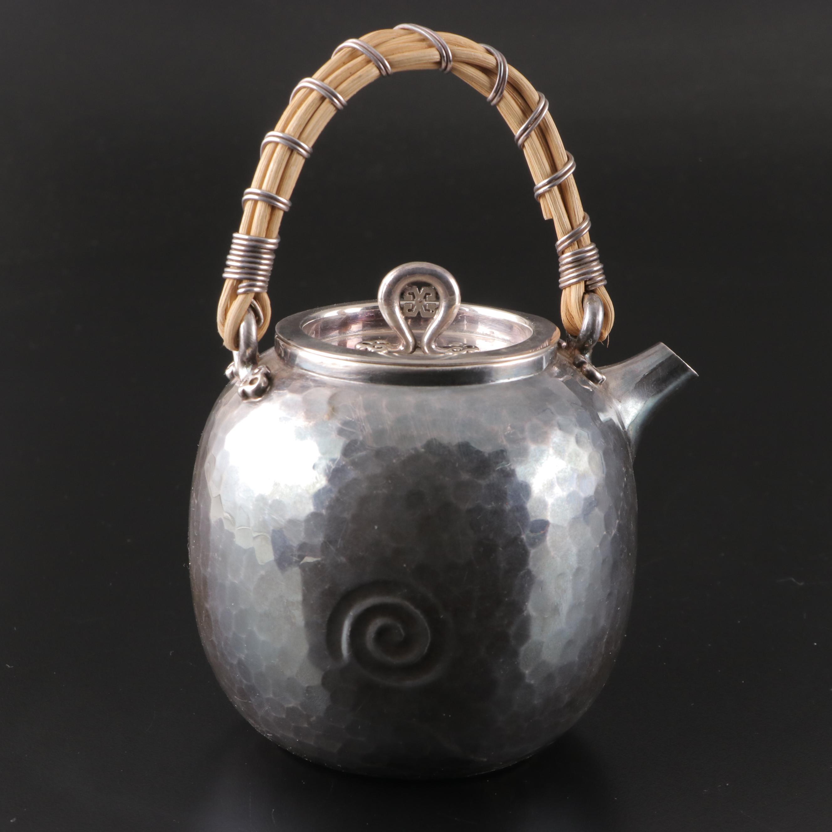 Japanese Fine Silver Teapot with Wrapped Reed Handle EBTH