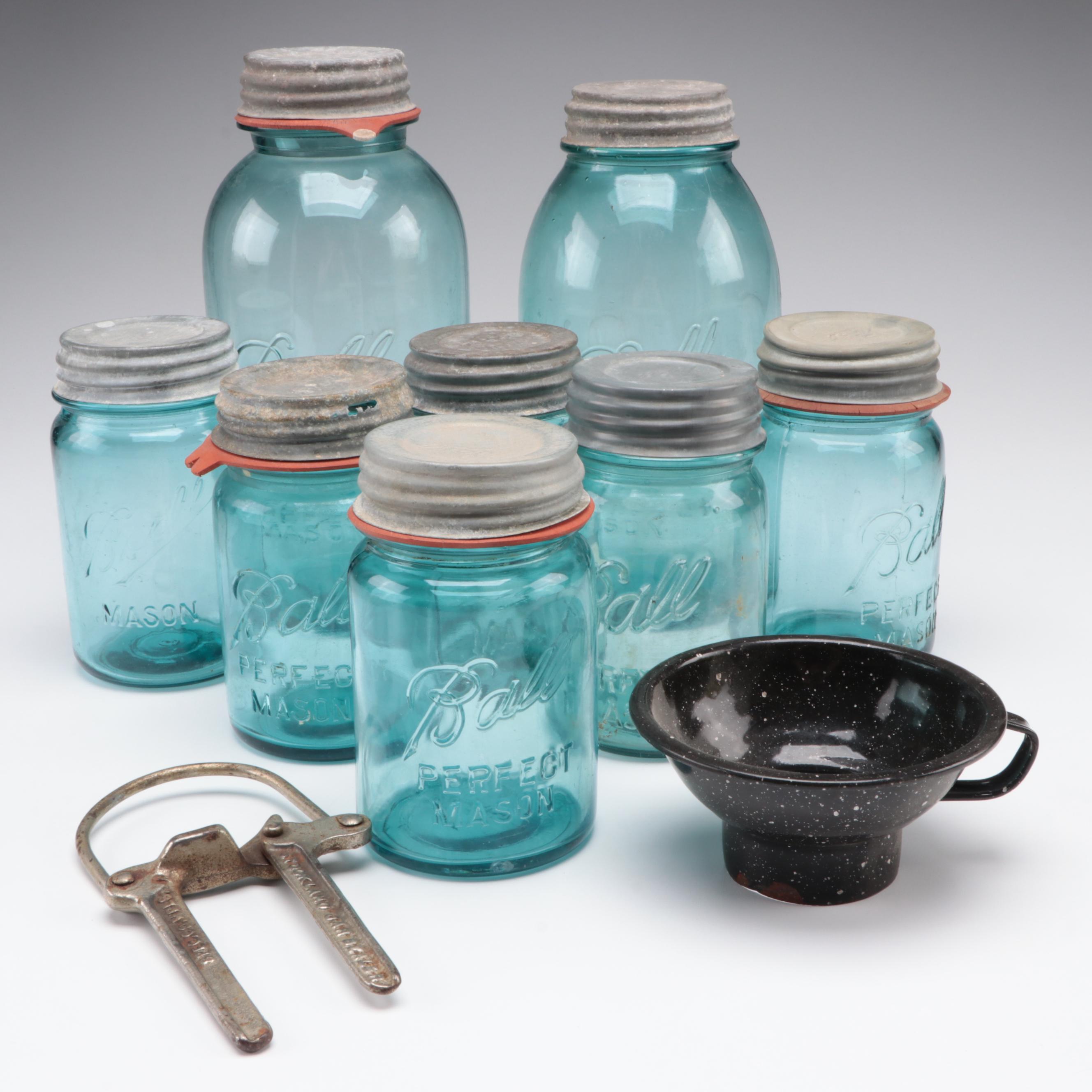 Ball Perfect Mason Blue Glass Canning Jars, Stockland Jar Sealer, and
