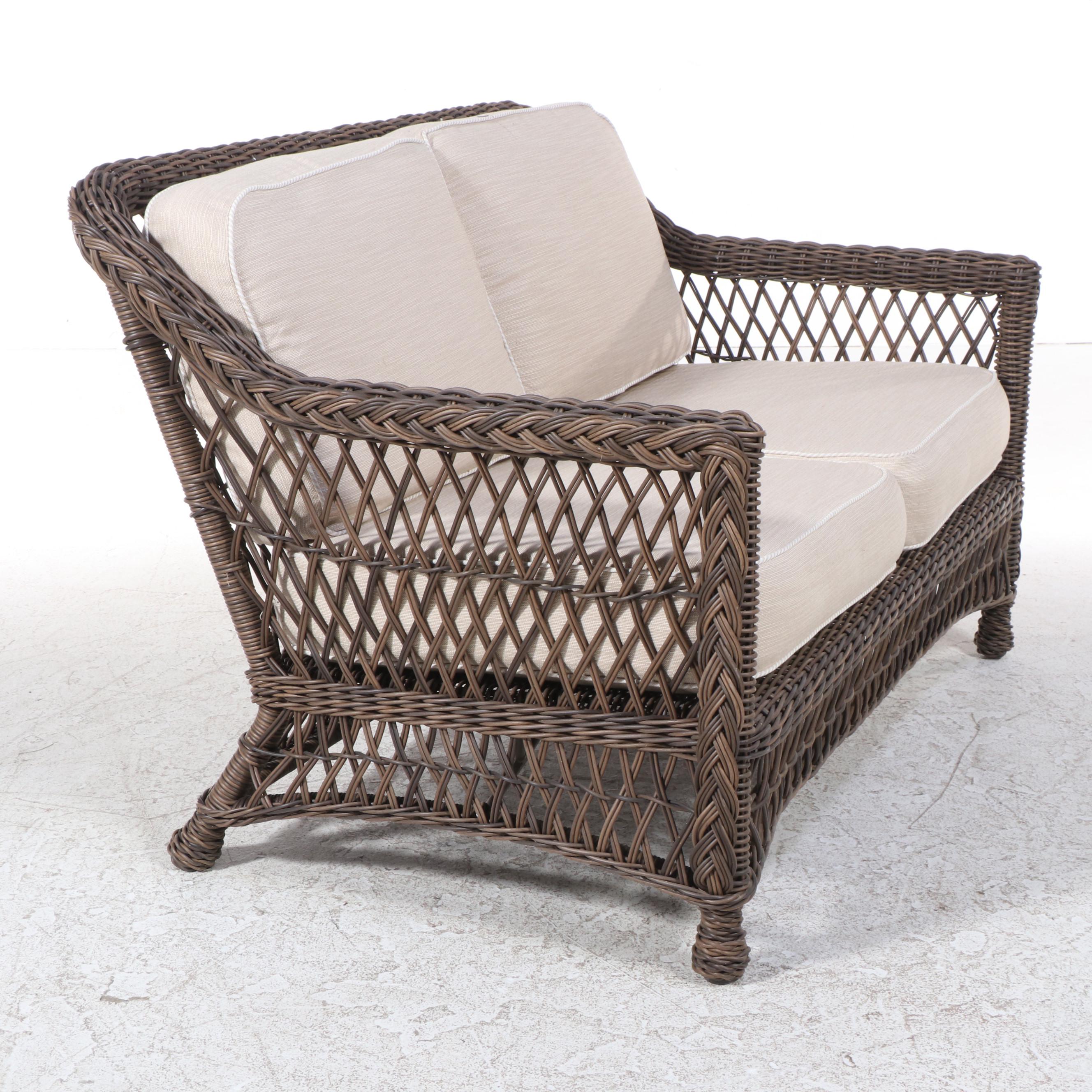 Frontgate "Hampton" Resin Wicker Patio Loveseat in Driftwood Finish EBTH