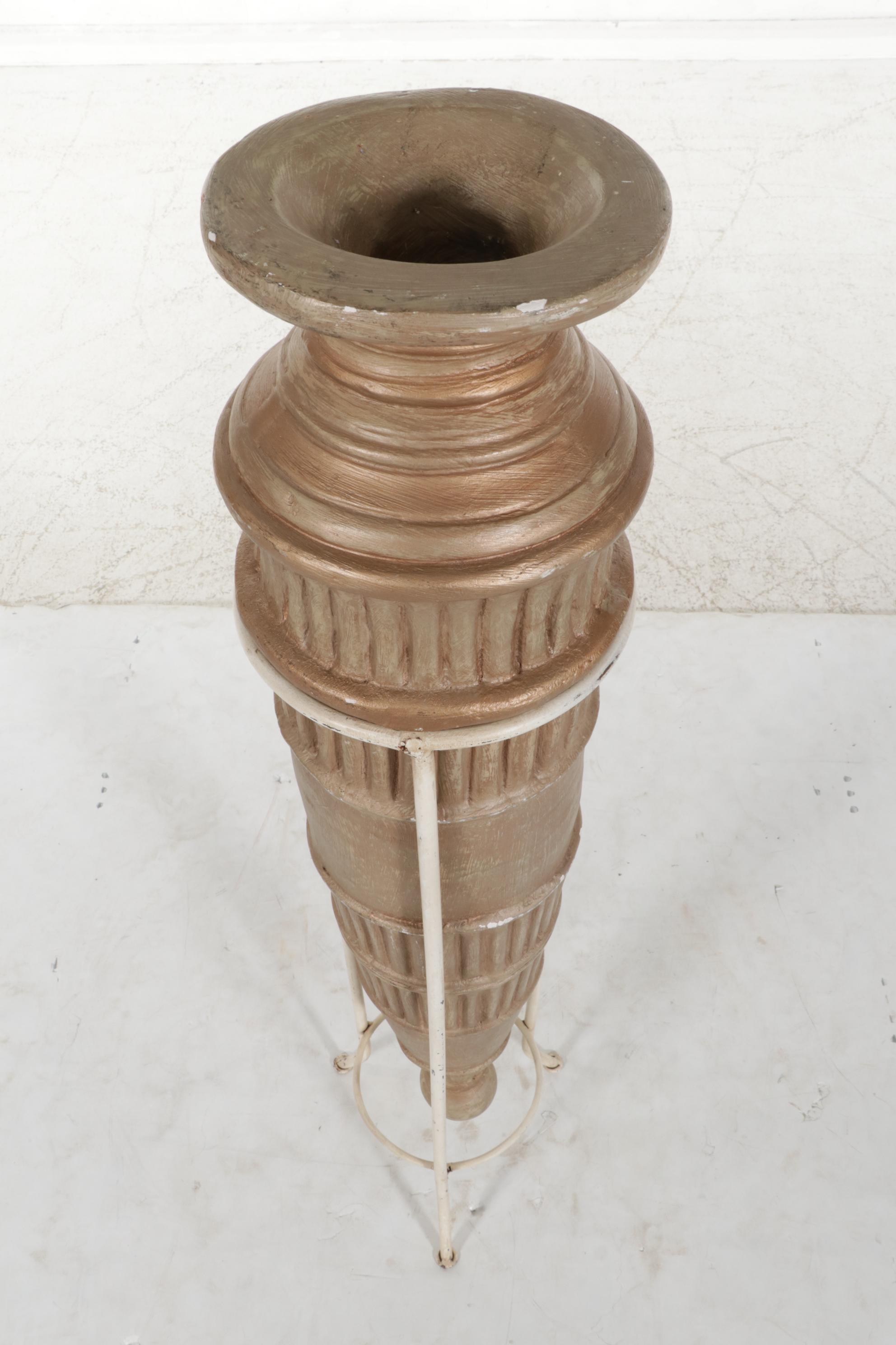 AmphoraShaped Ceramic Floor Vase in Wrought Iron Stand EBTH