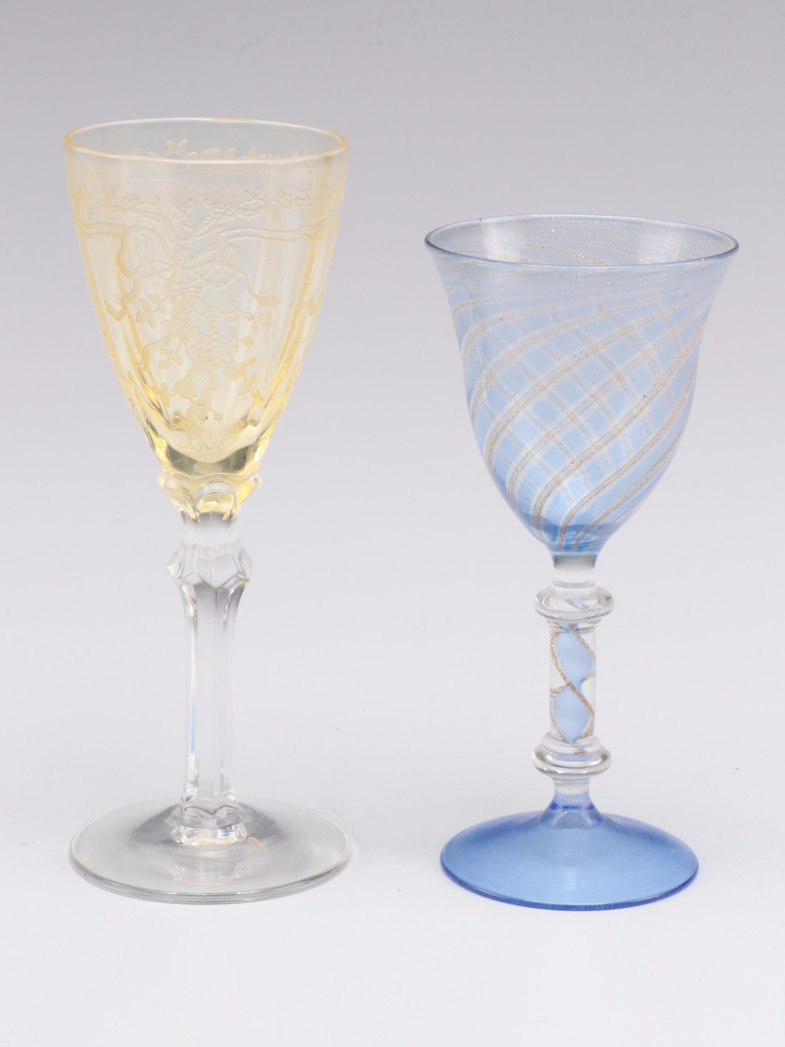 Murano Style with Other Cut Glass and Etched Cordial and Liquor Glasses